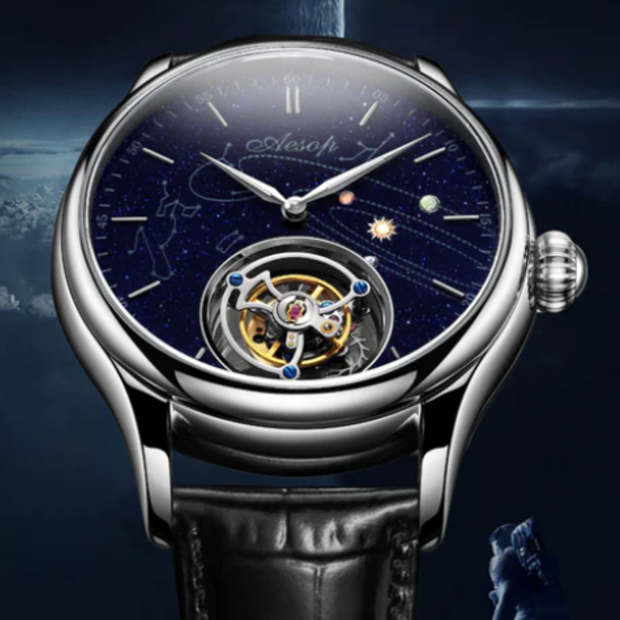 AESOP Mens Luxury Real Tourbillon Mechanical Sapphire Waterproof Watch Skeleton Watches for Men Wristwatches Male Clock 7049