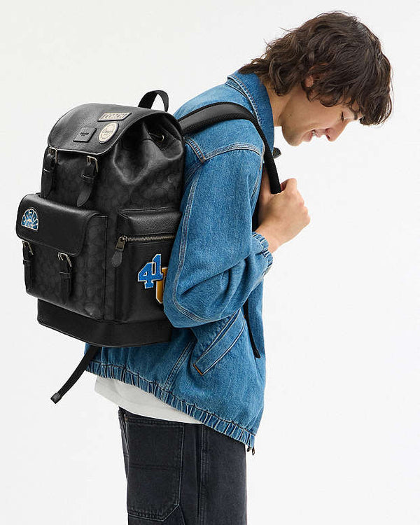 Coach Sprint Backpack In Signature Canvas With Patches Signature Canvas-Gunmetal-Charcoal Multi