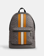 Coach West Backpack In Signature Canvas With Varsity Stripe Signature Canvas-Qb-Grey-Ochre-Chalk