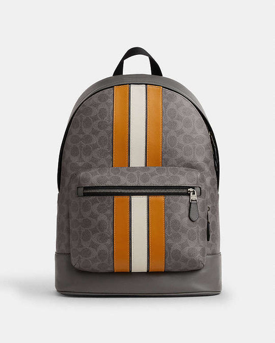 Coach West Backpack In Signature Canvas With Varsity Stripe Signature Canvas-Qb-Grey-Ochre-Chalk