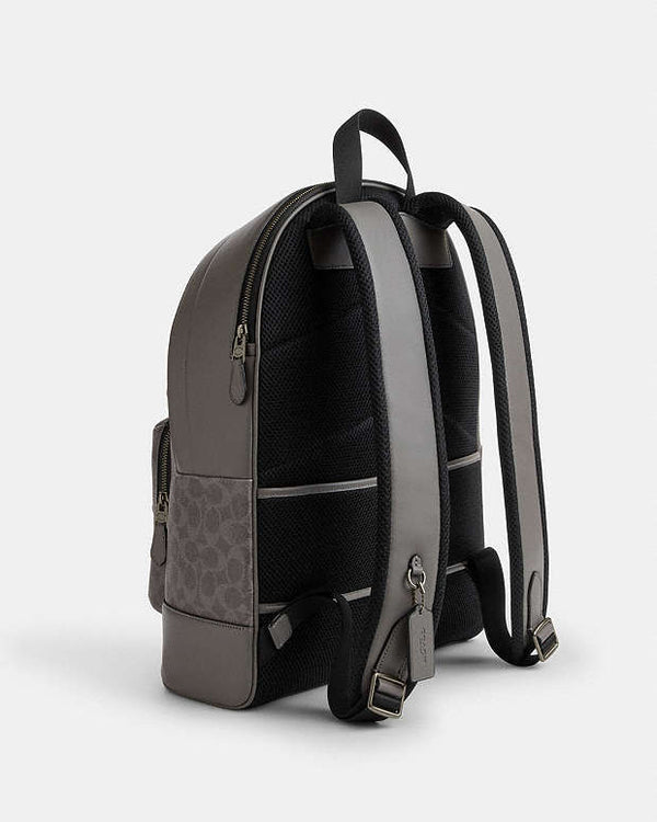 Coach West Backpack In Signature Canvas With Varsity Stripe Signature Canvas-Qb-Grey-Ochre-Chalk