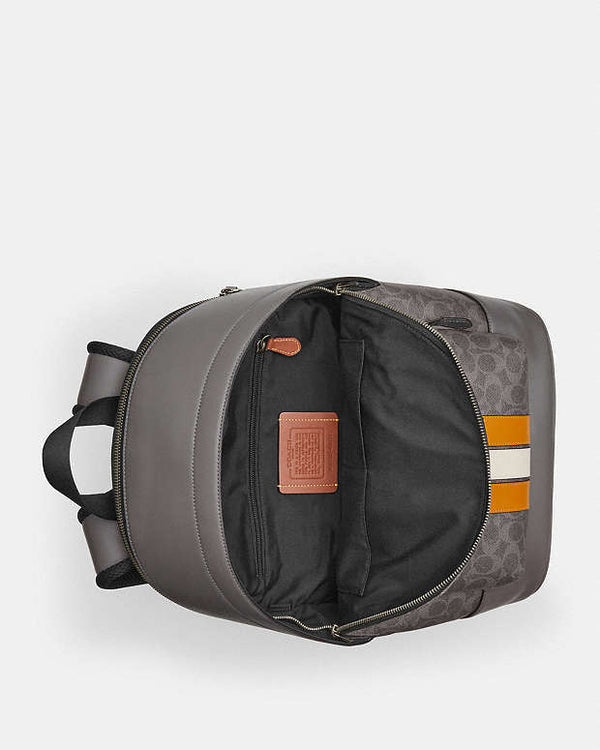 Coach West Backpack In Signature Canvas With Varsity Stripe Signature Canvas-Qb-Grey-Ochre-Chalk
