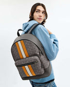 Coach West Backpack In Signature Canvas With Varsity Stripe Signature Canvas-Qb-Grey-Ochre-Chalk