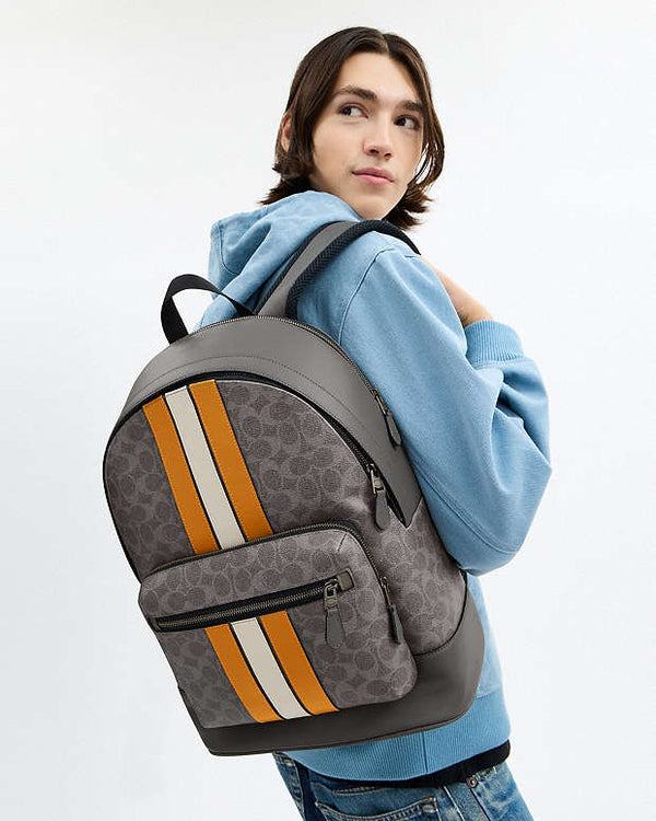 Coach West Backpack In Signature Canvas With Varsity Stripe Signature Canvas-Qb-Grey-Ochre-Chalk