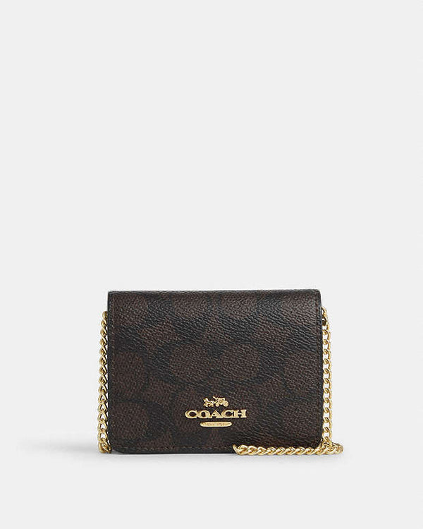 Coach Mini Wallet On A Chain In Signature Canvas Signature Canvas-Gold-Walnut-Black