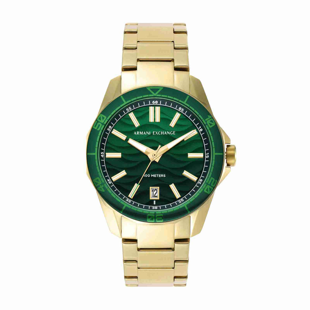 Armani Exchange Mens SPENCER Round Green Textured Date Dial Gold Plated Bracelet Watch AX1951