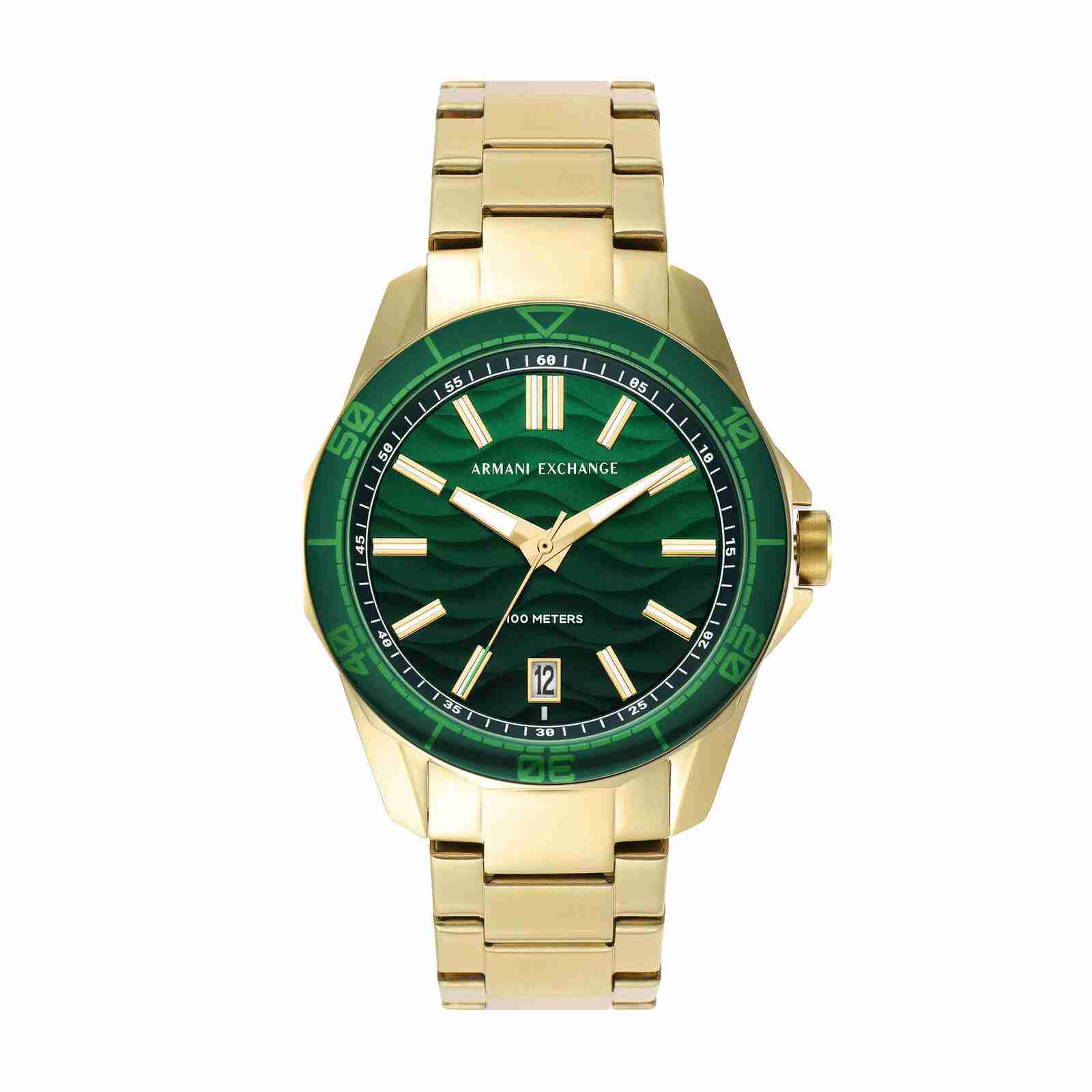 Armani Exchange Mens SPENCER Round Green Textured Date Dial Gold Plated Bracelet Watch AX1951